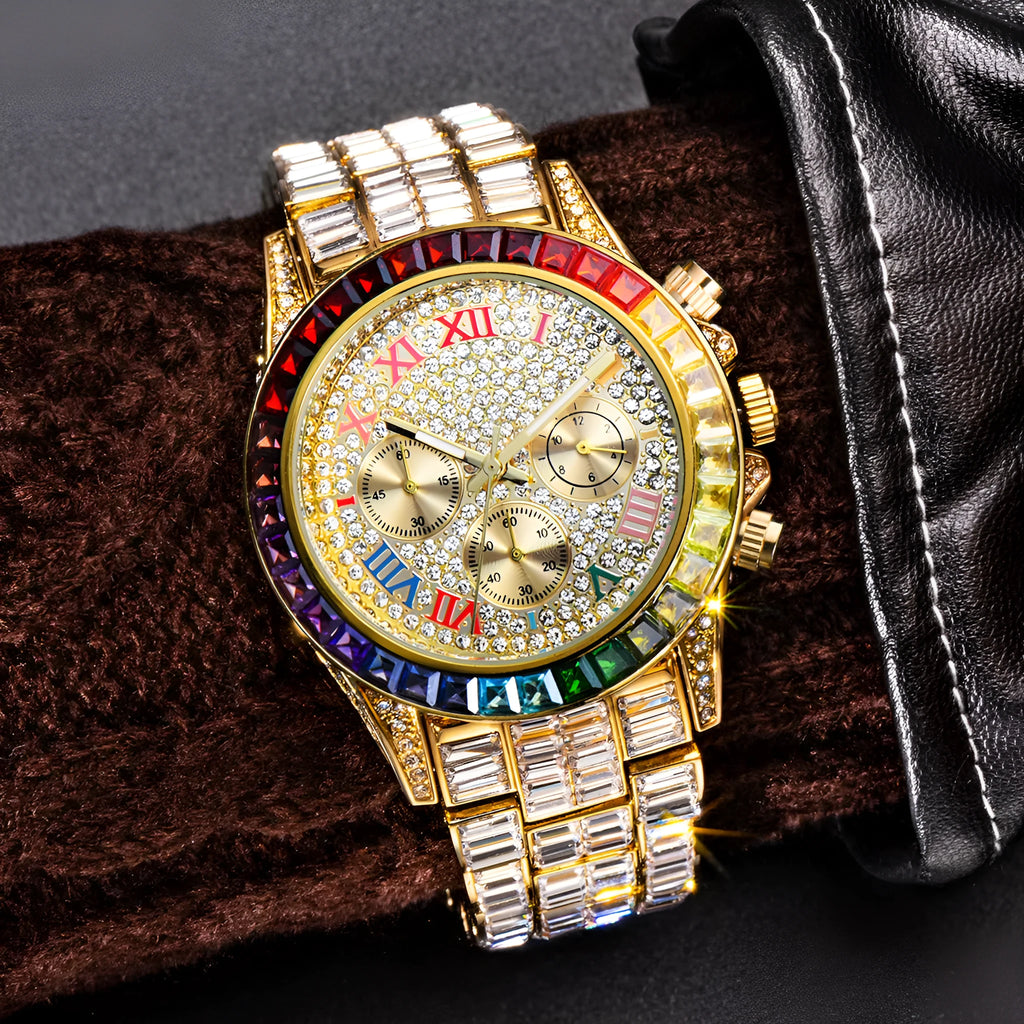 Three eyes rainbow diamond quartz watch for men with 33mm circular dial, gold colour option and 30M waterproof rating