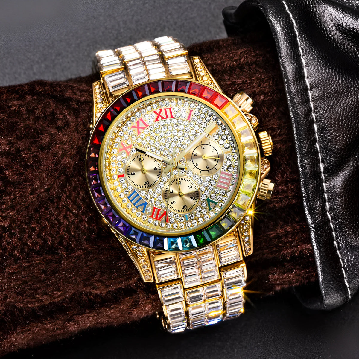 Three eyes rainbow diamond quartz watch for men with 33mm circular dial, gold colour option and 30M waterproof rating
