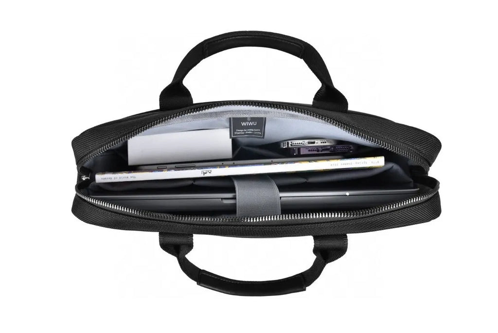Black Oxford cloth laptop backpack with multiple pockets and a lock, shown in 14 inch and 15.6 inch sizes.