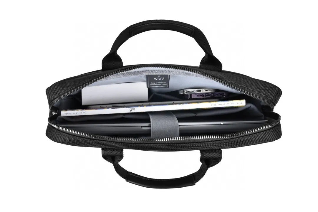 Black Oxford cloth laptop backpack with multiple pockets and a lock, shown in 14 inch and 15.6 inch sizes.