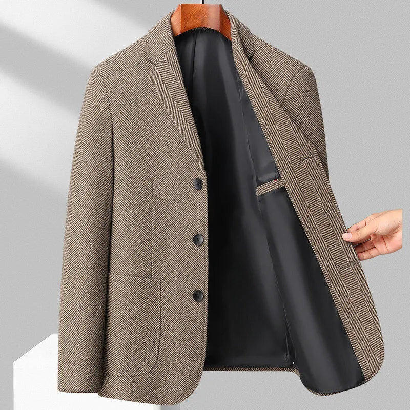 Men's loose fit solid colour wool-blend coat in black, shown on a model.