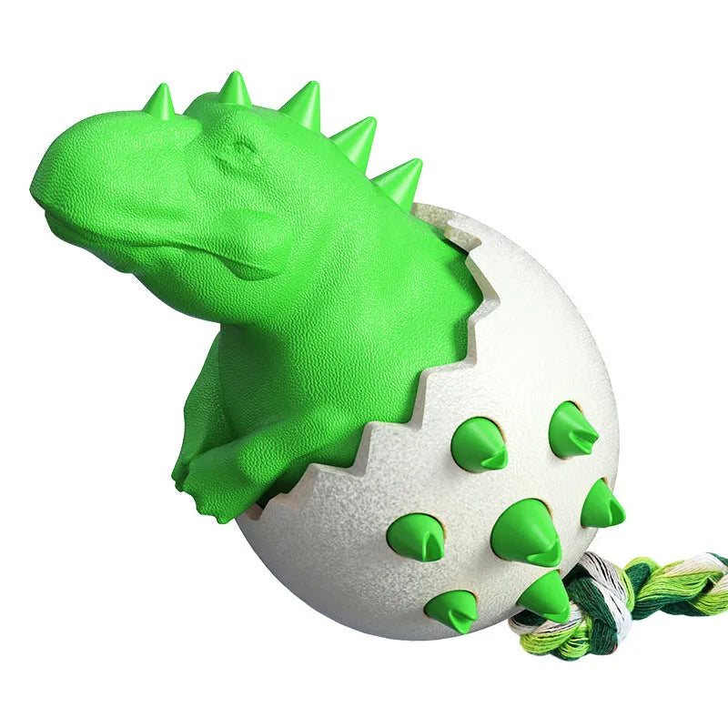 Blue durable dog chew toy with dinosaur design and attached rope for aggressive chewers.