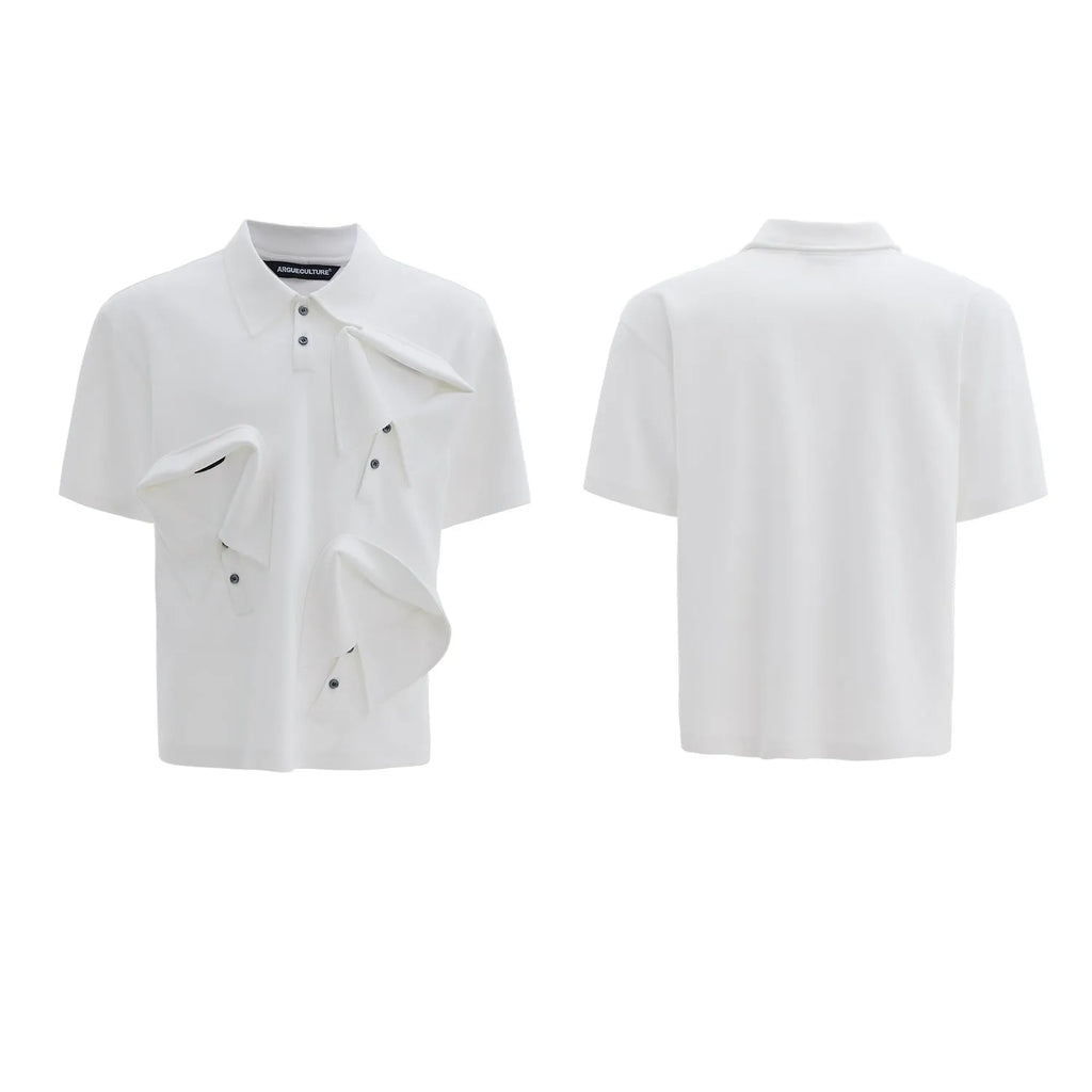Men's black polo shirt with a deconstructed collar and a large geometric turtle graphic print on the front.