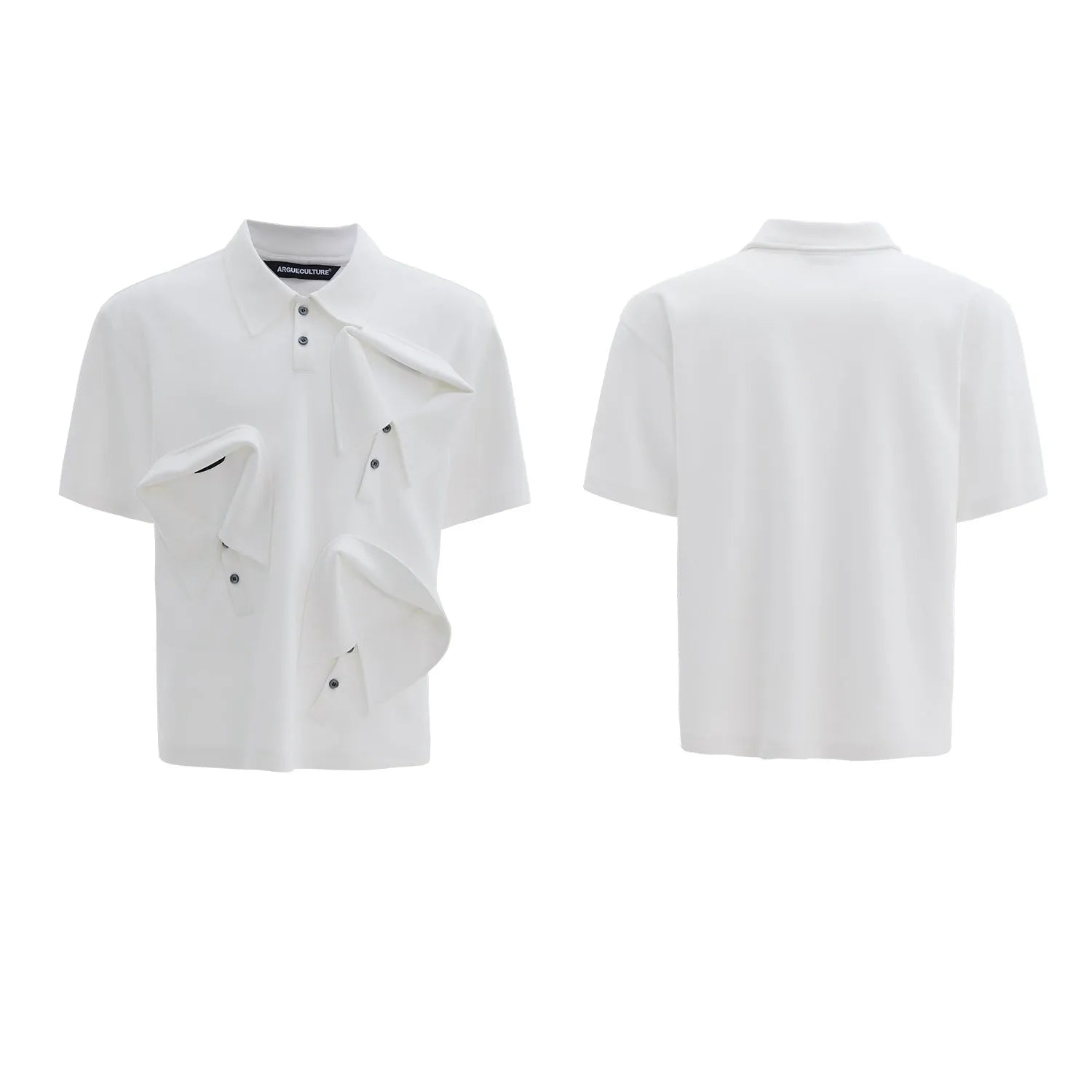 Men's black polo shirt with a deconstructed collar and a large geometric turtle graphic print on the front.
