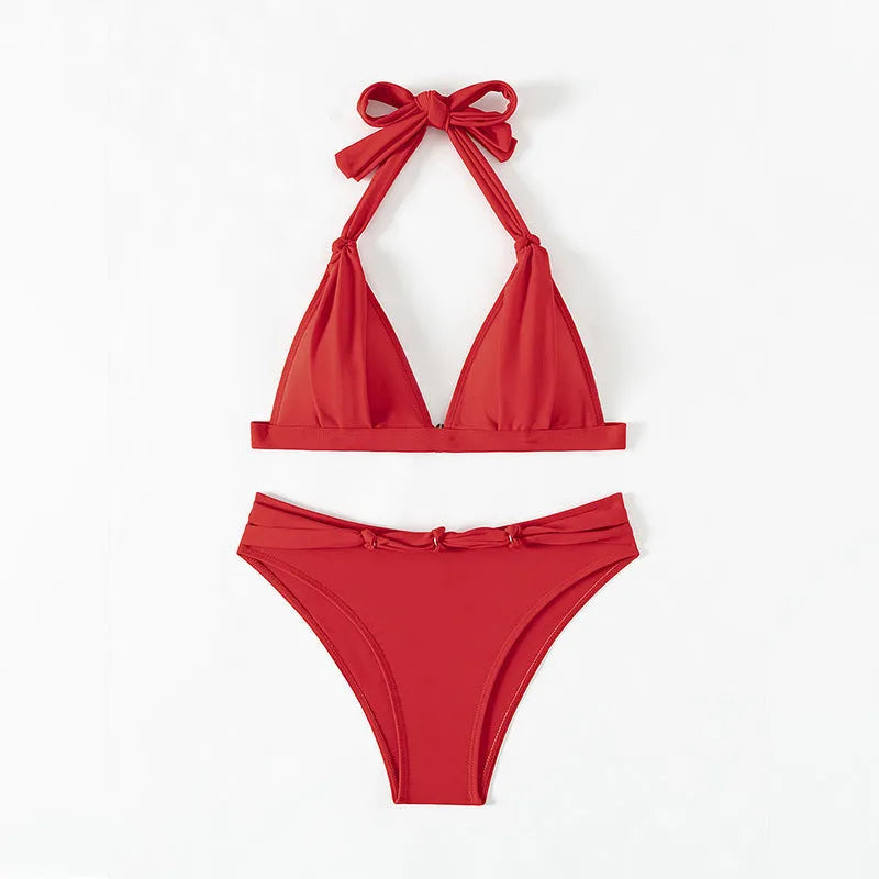 Red women's lace-up halterneck split bikini for swimming activities