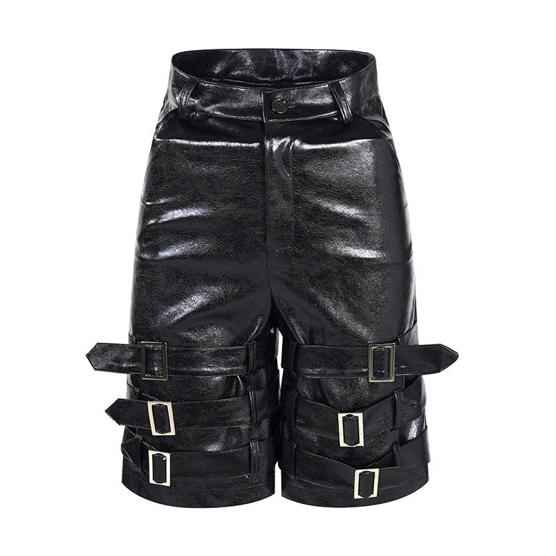 Men's black PU leather cropped shorts with leather ring detailing and medium-low waist design