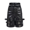 Men's black PU leather cropped shorts with leather ring detailing and medium-low waist design