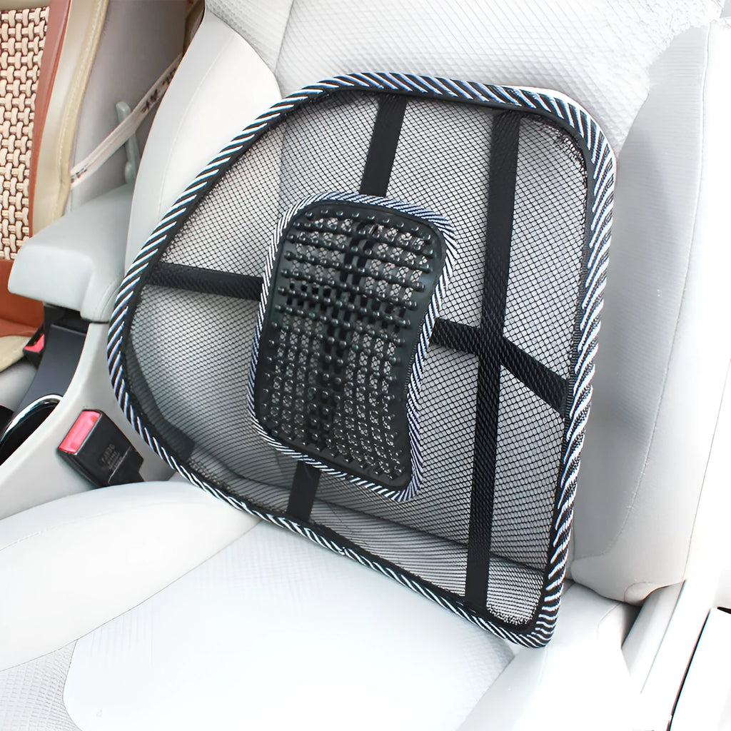 Black car lumbar support pillow with steel wire construction measuring 41x39cm
