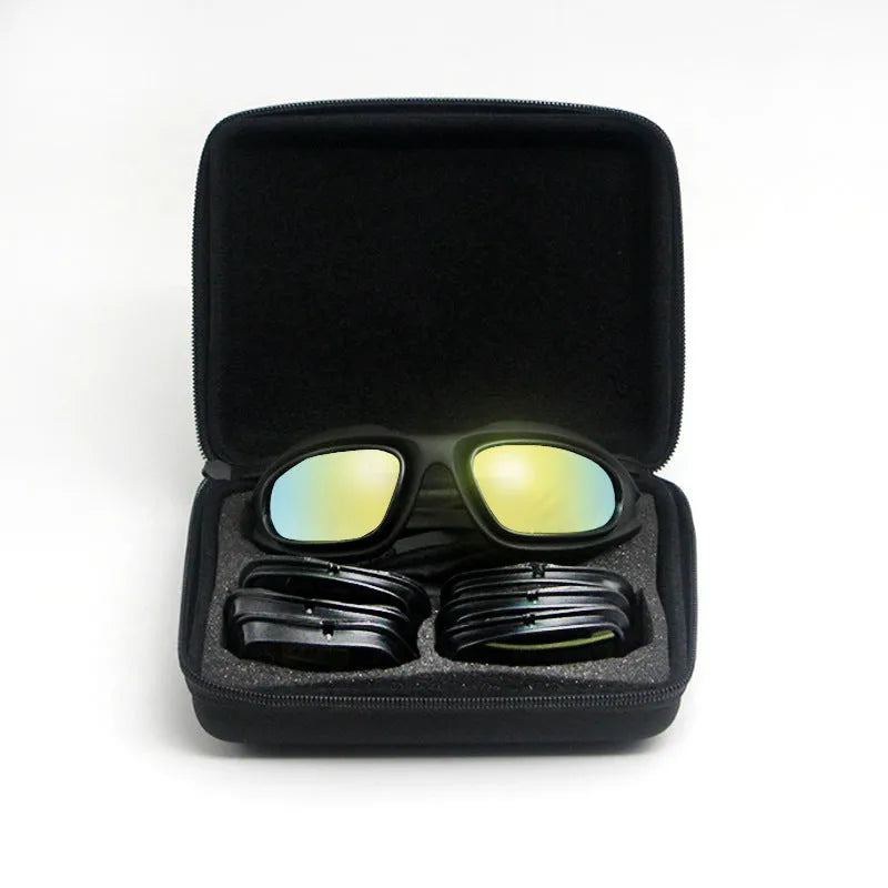 Sports sunglasses with polarized tactical lenses and a black PC full-rim frame on a grey background.