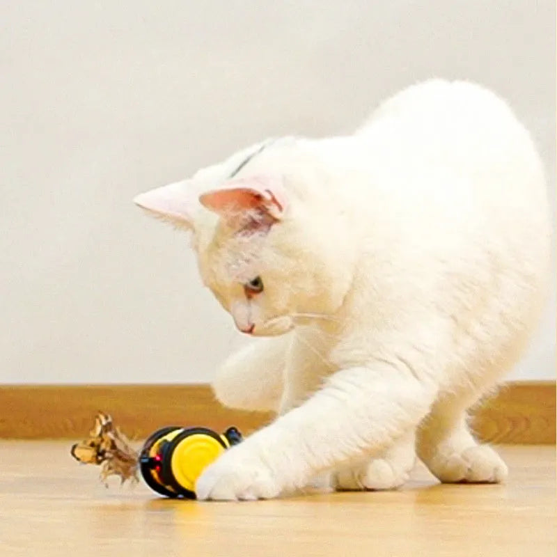 Pink electric cat toy with moving stick and feather teaser for kittens