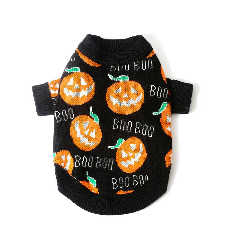 Black Halloween dog sweater with orange pumpkin pattern shown on pet model