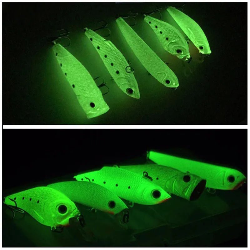Set of five 3D fluorescent simulation hard bait fishing lures with luminous elements