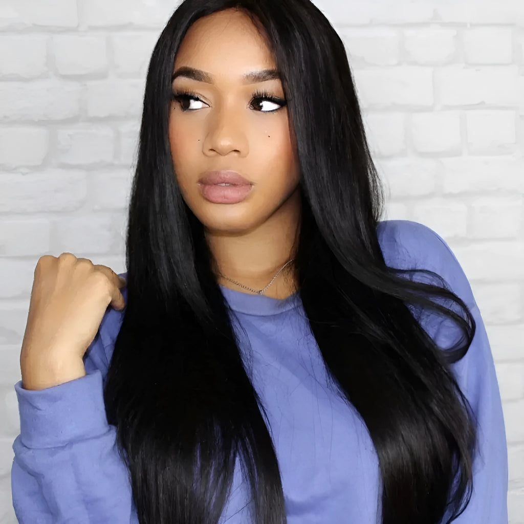Long straight synthetic wig with centre-parted bangs in black colour for face shape modification