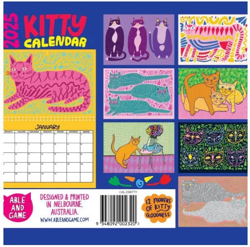 Cat-themed wall calendar with monthly date grid on paper for 2024 or 2025 planning