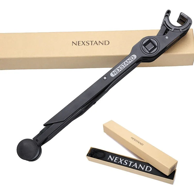 Sagacious black portable folding laptop stand with carrying case, shown folded to 40cm length.
