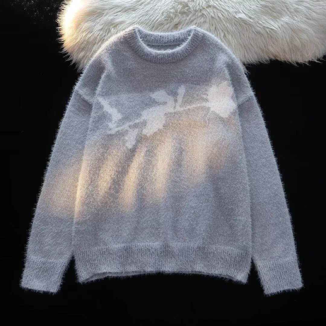 American dark rose flocking horse sweater for men, long sleeve cotton-polyester pullover in Black