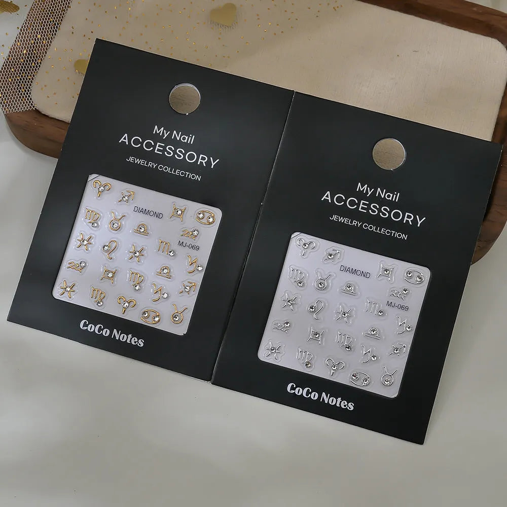 Embossed constellation relief nail sticker in MJ069 Gilding or MJ069 Hot Silver, ultra-thin seamless adhesive design.
