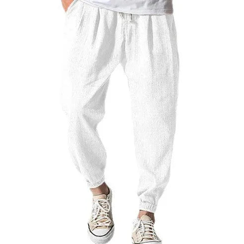 Men's casual cotton summer pants with elastic waistband and banded ankle cuffs in various colours
