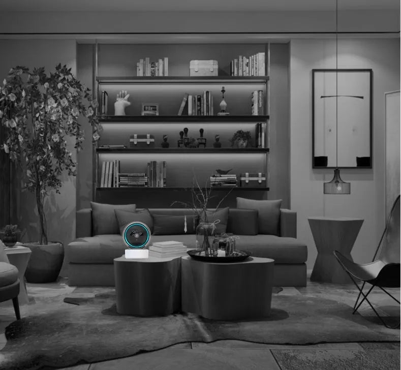 Indoor 360-degree rotating WiFi security camera with HD resolution on flat surface