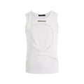 Man wearing a loose-fitting white sleeveless hollow-out thread waistcoat with a round neck.