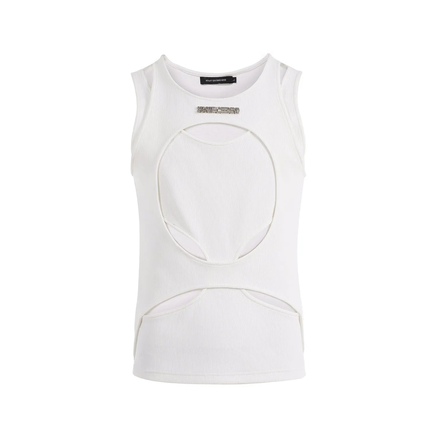 Man wearing a loose-fitting white sleeveless hollow-out thread waistcoat with a round neck.