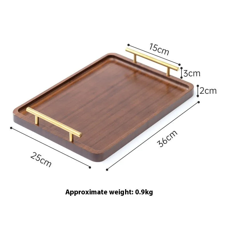 Square bamboo tray with brown wooden handle for restaurant and cafe service
