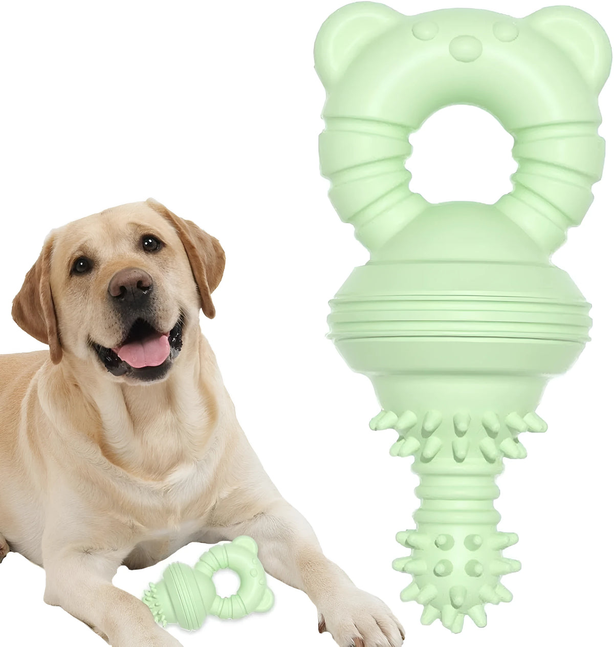 Blue rubber dog chew toy with textured surface and bell feature for teeth cleaning and play