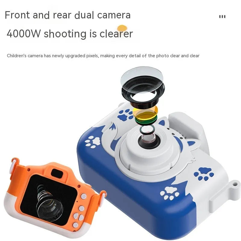 HD Cartoon Children's Digital Camera in blue or orange, showing compact size and included lanyard.
