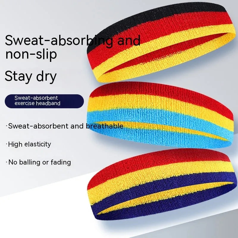 Adult sports headband in multiple colour combinations including black red yellow and blue white red.