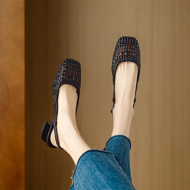 Women's beige woven hollow-out sandals with closed toe, chunky heel, and ankle strap buckle.