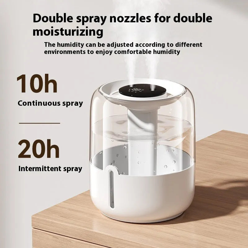 Beige round USB humidifier with dual spray nozzles and humidity display