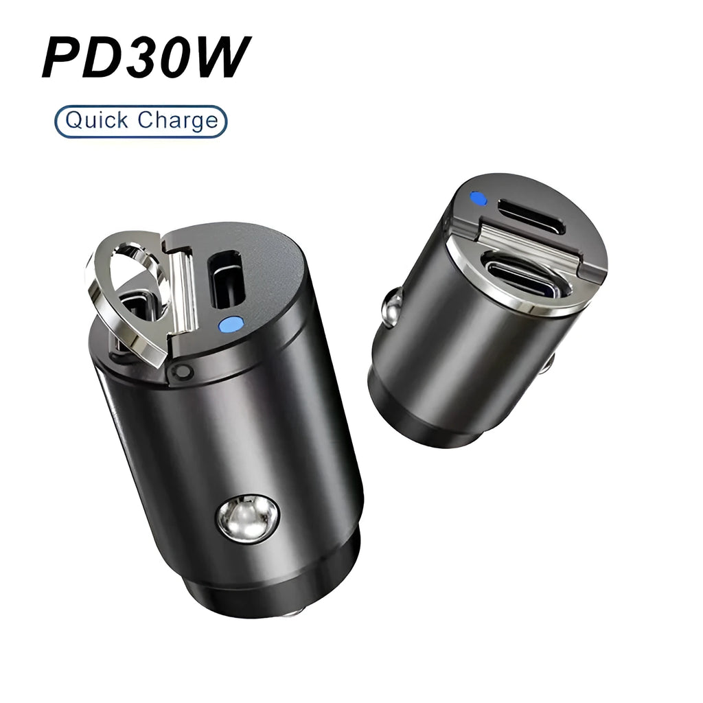 Black mini 30W car cigarette lighter charger body made of zinc alloy measuring 45x20.7mm