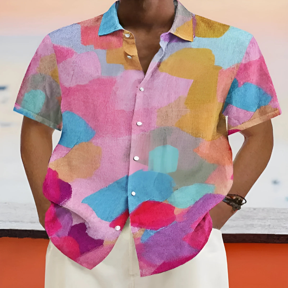 Hawaiian style stand collar short sleeve cardigan with 3D printing design