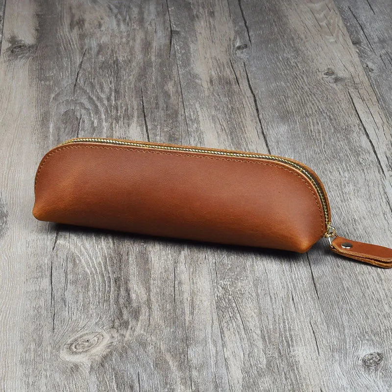 Handmade cowhide leather pencil and glasses case with zipper closure in square design