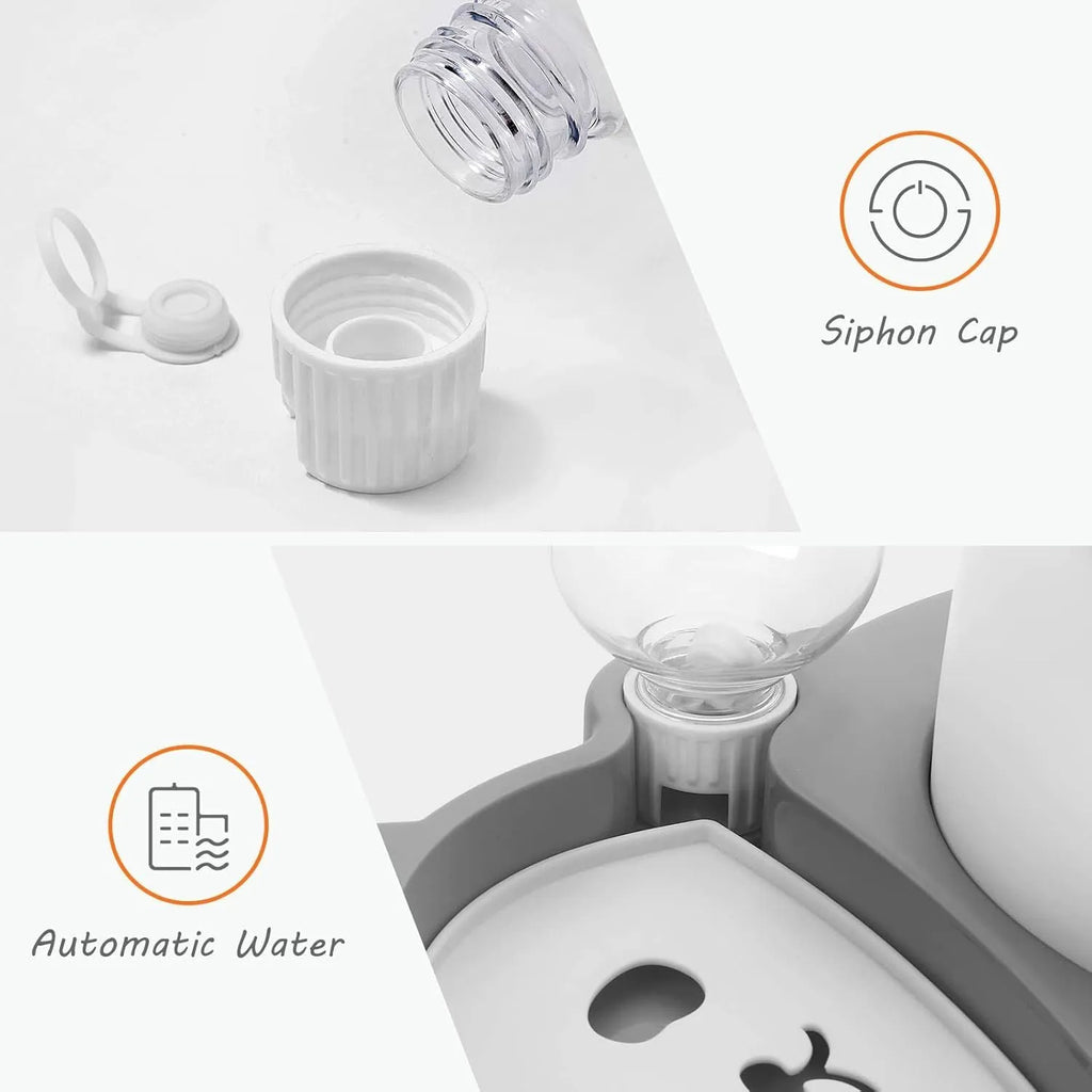 Elevated pet bowl set with panda design, stainless steel dish, and automatic water dispenser bottle