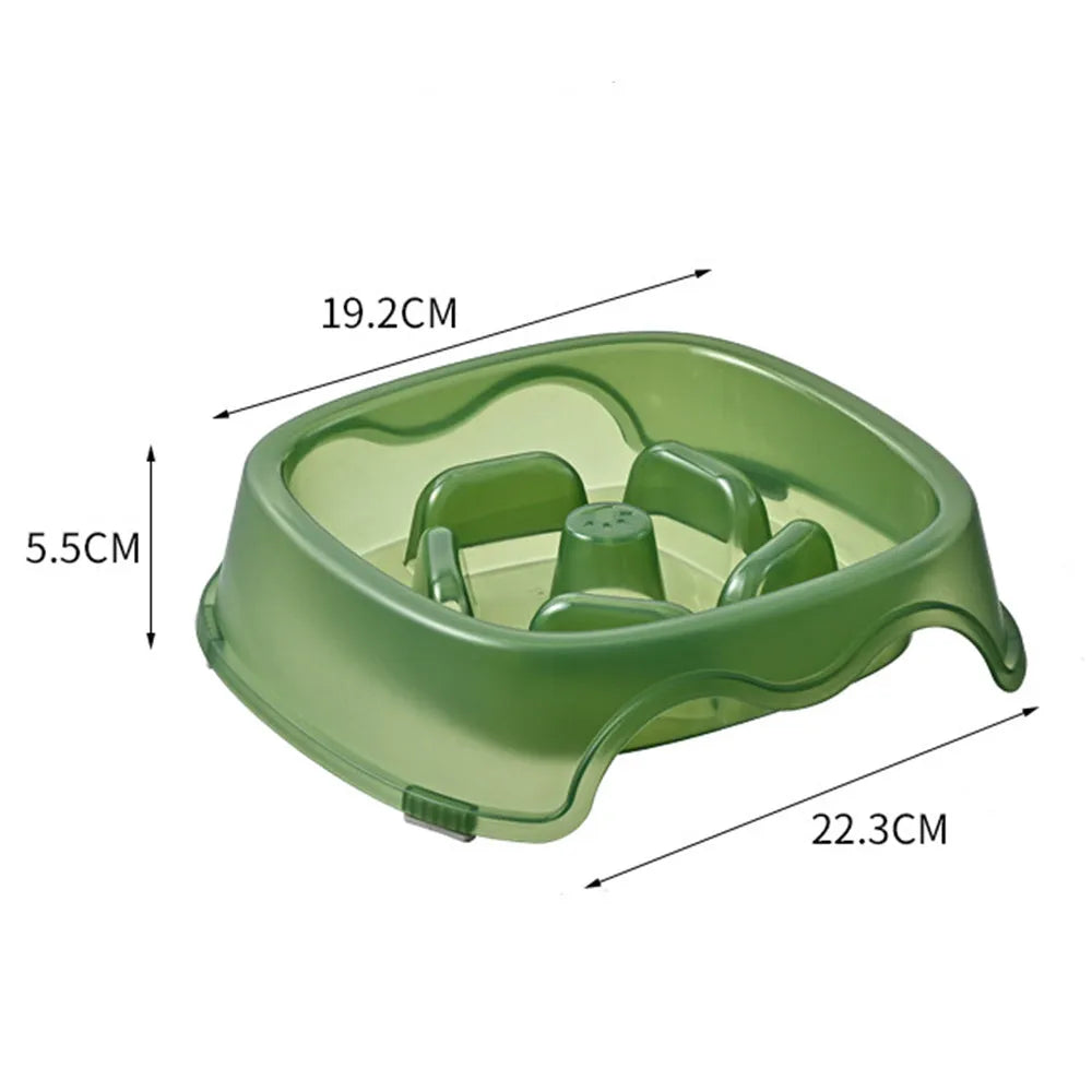 Blue plastic slow feeder dog bowl with raised obstacles for anti-choking design