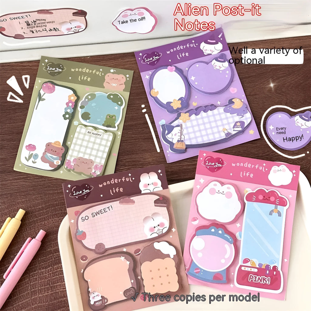 Cartoon special-shaped sticky notes, 60 paper sheets, 10 x 13cm, in four cover colour options