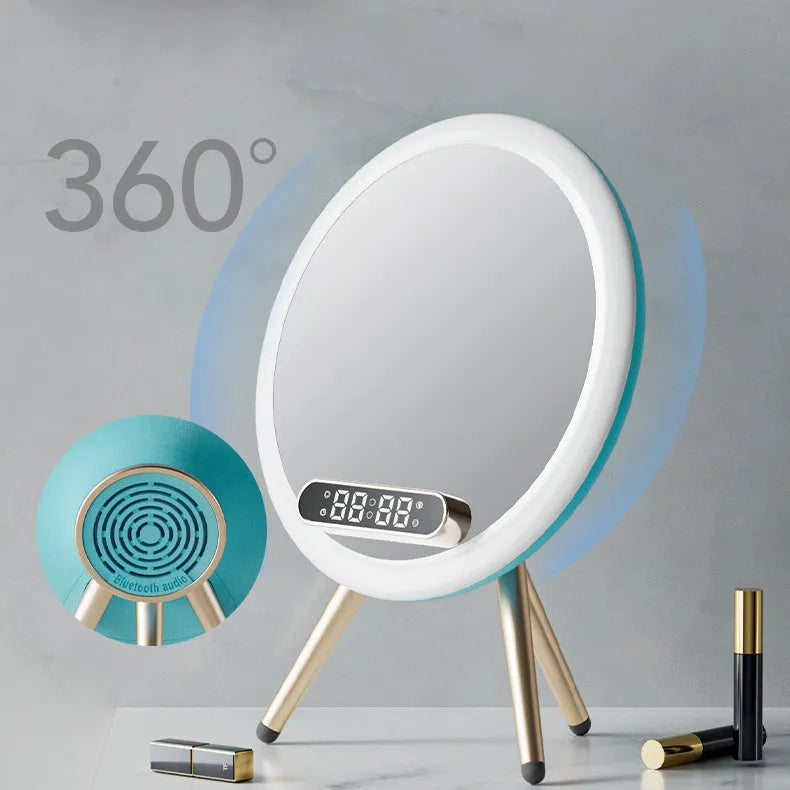 Multi-function LED mirror alarm clock with wireless charger and Bluetooth speaker in white or blue, 210 x 60 x 160mm