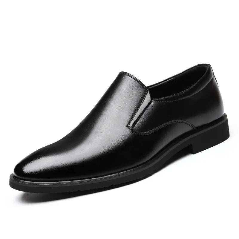 Men's black business casual slip-on shoes with leather uppers and rubber soles
