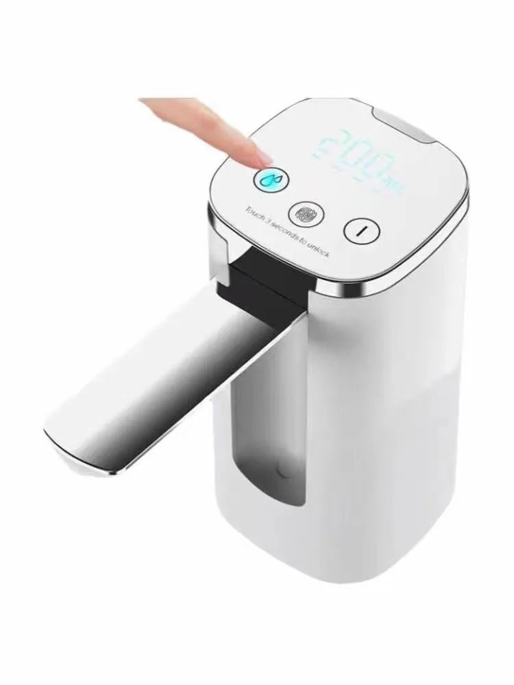 Folding water pump with LCD touch screen, 4W 5V, white or black base, for bucket or table use.