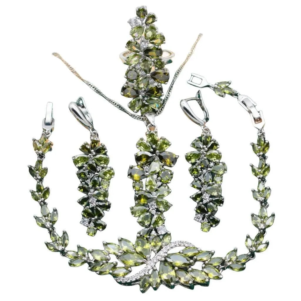 Retro copper alloy jewelry set with zircon floral pattern in olive and purple colors