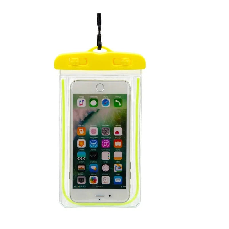 Universal waterproof luminous touch screen phone case in various colours for outdoor water activities