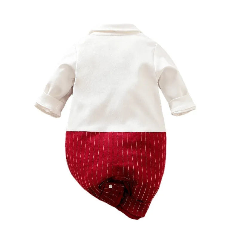 Wine red cotton baby boy romper with long sleeves and single-breasted buttons.