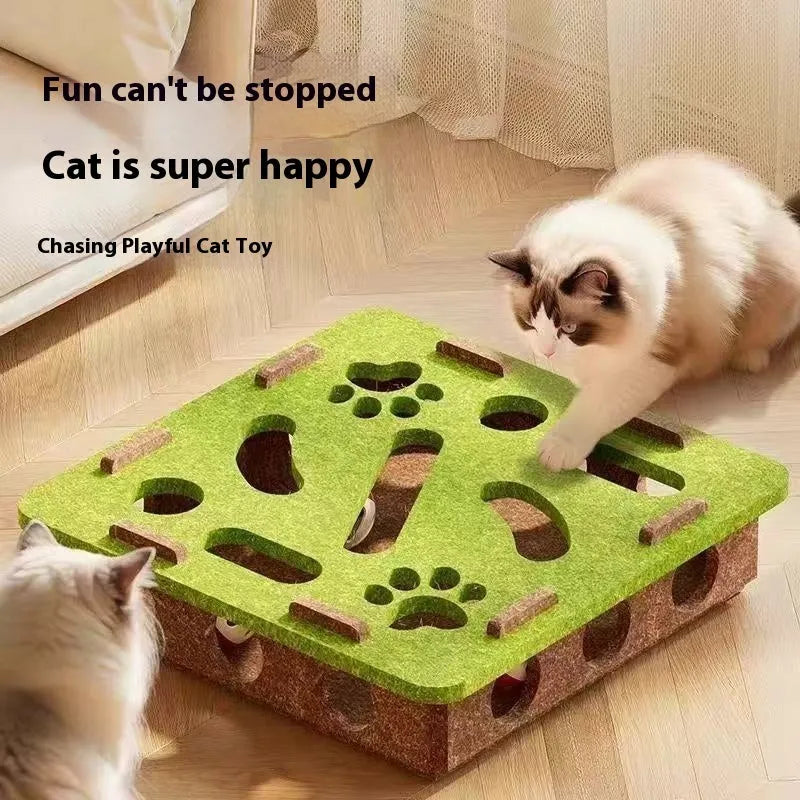 Square green brown felt cat toy box with holes for scratching and play, measuring 30cm.