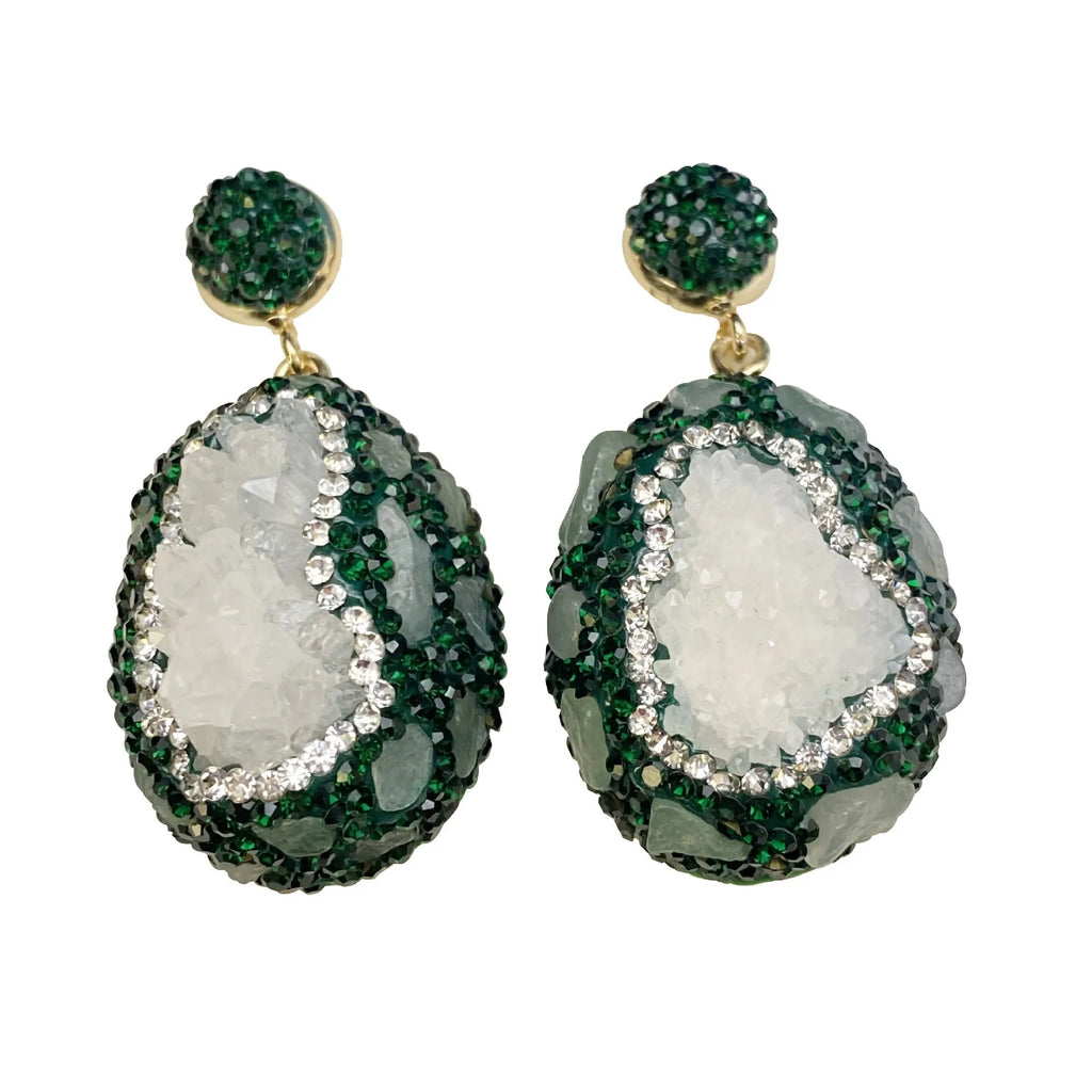 Crystal Bud Inlaid Emerald Earrings in dark green with a copper geometric base and crystal bud detail on a white background
