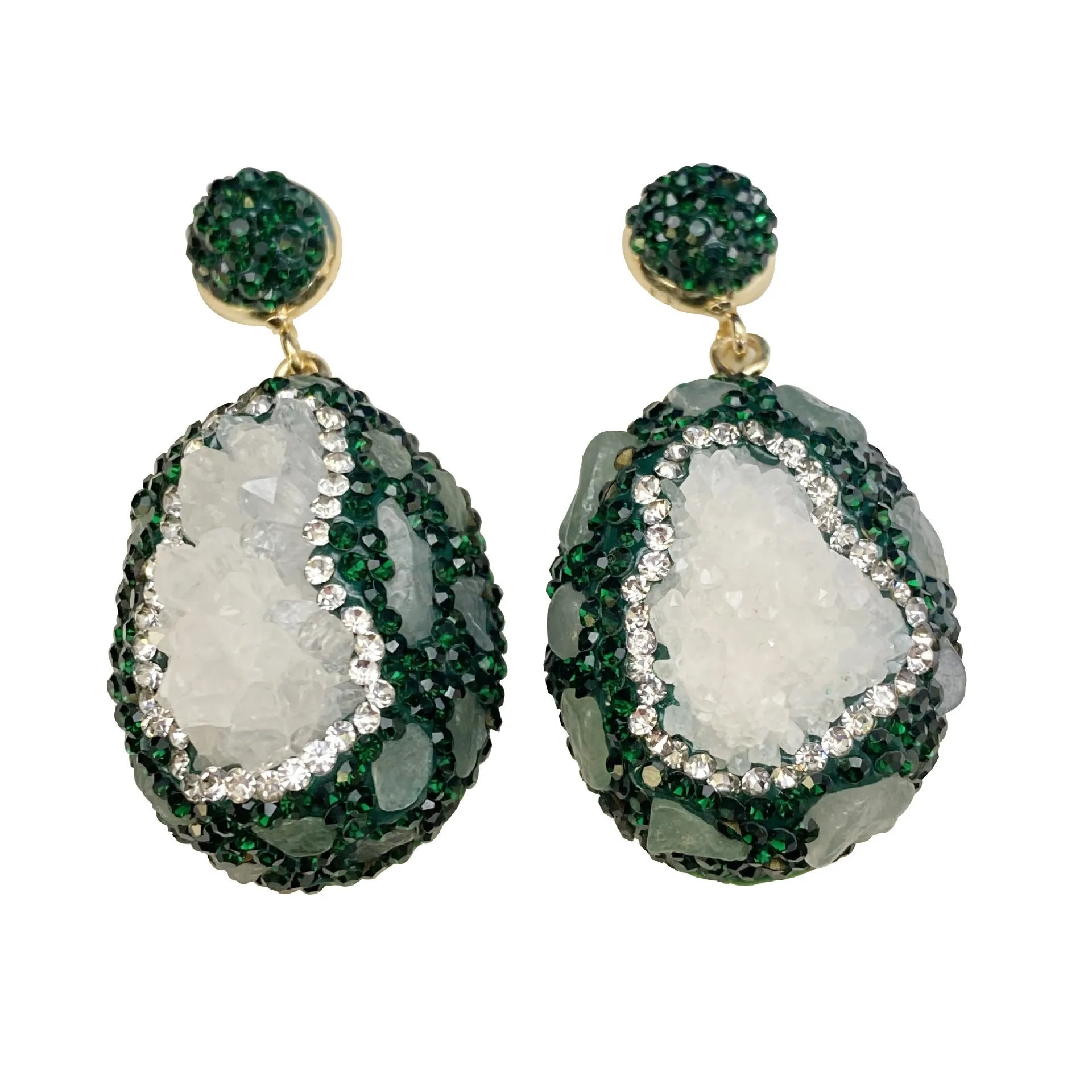 Crystal Bud Inlaid Emerald Earrings in dark green with a copper geometric base and crystal bud detail on a white background