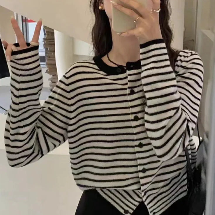 French style women's dark grey striped cardigan coat with 40cm length and white stripe detail