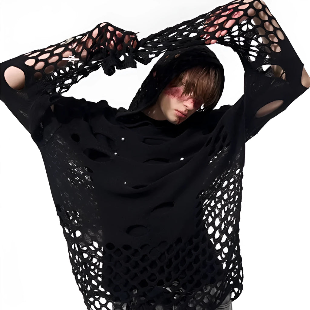 Black men's hooded sweater with pearl decorative detailing, loose fit with pullover closure