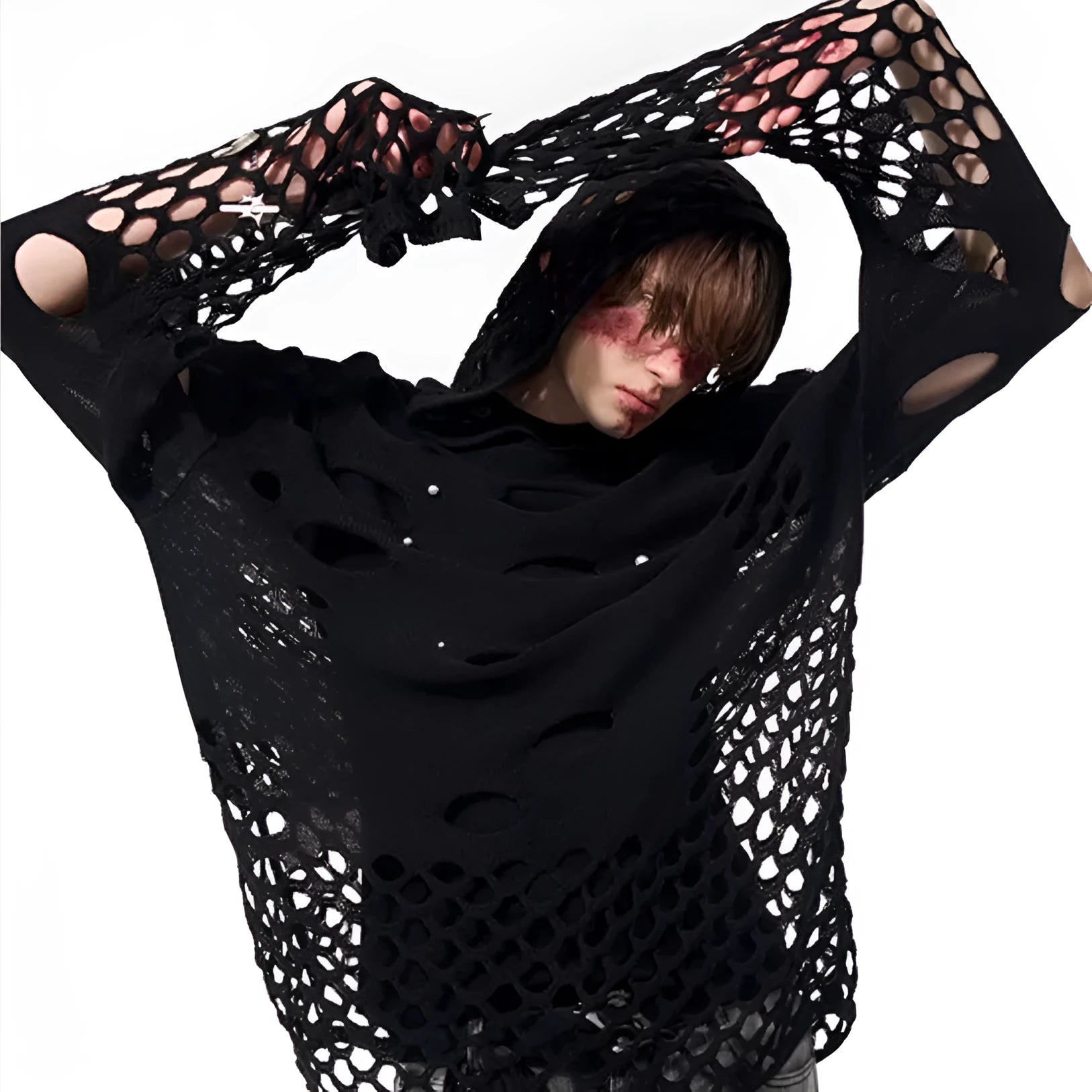 Black men's hooded sweater with pearl decorative detailing, loose fit with pullover closure