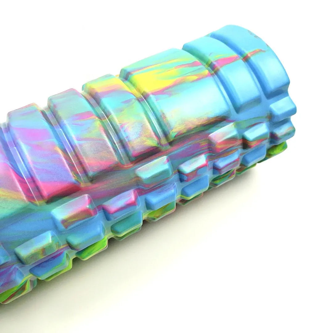 33cm camouflage pattern EVA foam roller showing blue green yellow colour variant